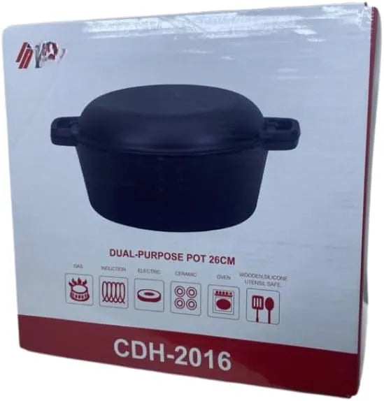 26cm Dual-Purpose Cast Iron Pot with Skillet Lid – 2-in-1 Dutch Oven & Frying Pan Set | Pre-Seasoned Heavy Duty Cookware for Camping, Baking & Searing