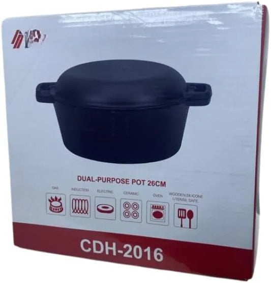 26cm Dual-Purpose Cast Iron Pot with Skillet Lid – 2-in-1 Dutch Oven & Frying Pan Set | Pre-Seasoned Heavy Duty Cookware for Camping, Baking & Searing