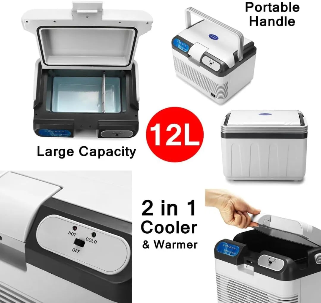 DualMode 12L Portable Electric Cooler and Warmer, White/Black, Dual Power 12V/220V, Hot/Cold Function, Large Capacity Travel Box with Handle