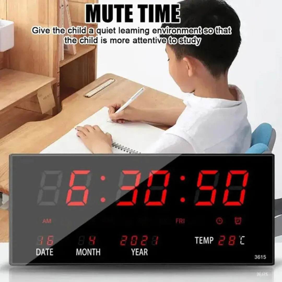 Digital Wall Clock 3615, Black with Red LED Display, Temperature and Calendar Display, AC-Powered, 35x20x4 cm, Professional Office and Home Use - 3615