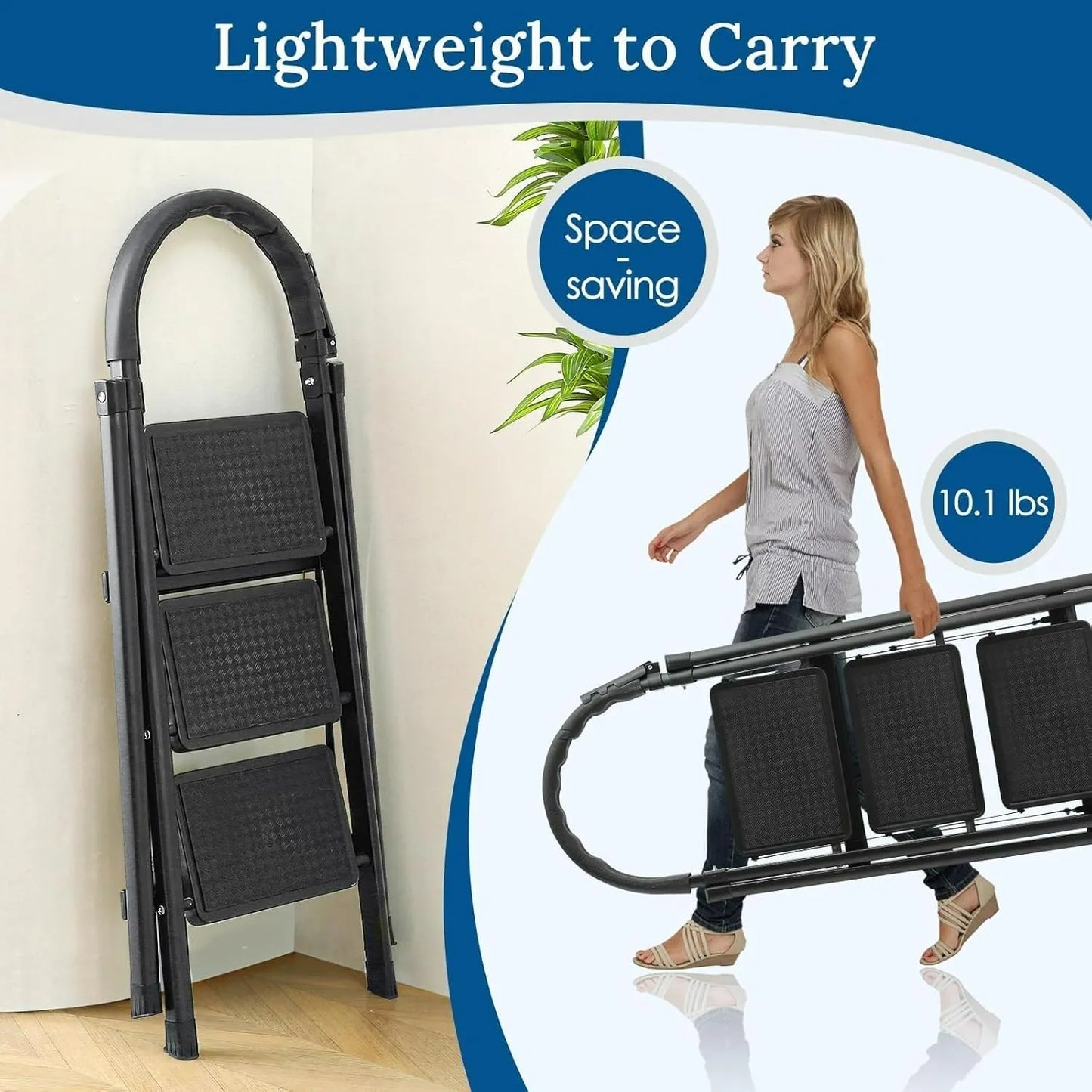 3-Step Folding Ladder, Black Carbon Steel, 41-inch Height, 330 lb Capacity, Anti-Slip Steps, Tool Rack, No Assembly Required
