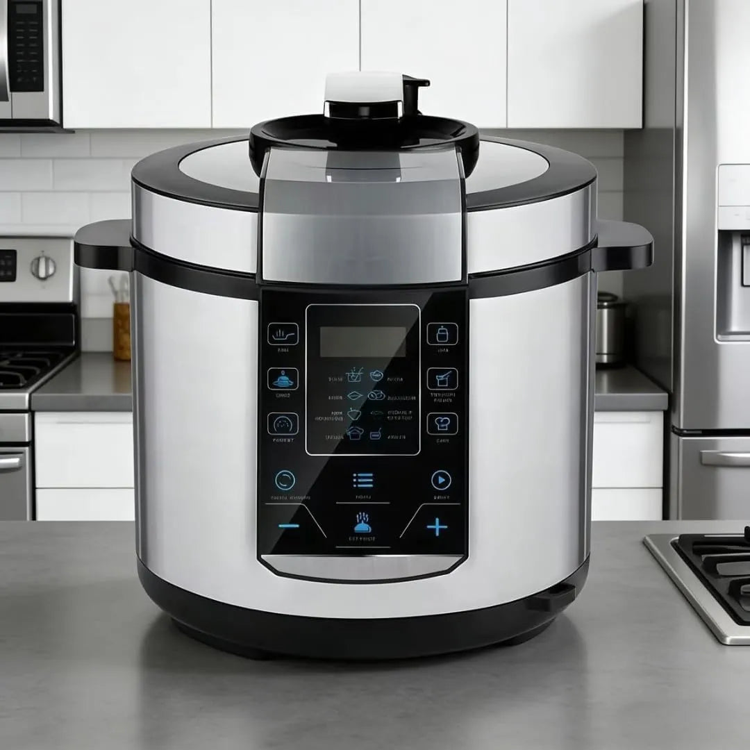 Modern Luxury Electric Pressure Cooker - Multifunctional Stainless Steel Multi-Cooker with Touch Control Digital Display - High-End 24-Hour Programmable Timer and Safety Protection System