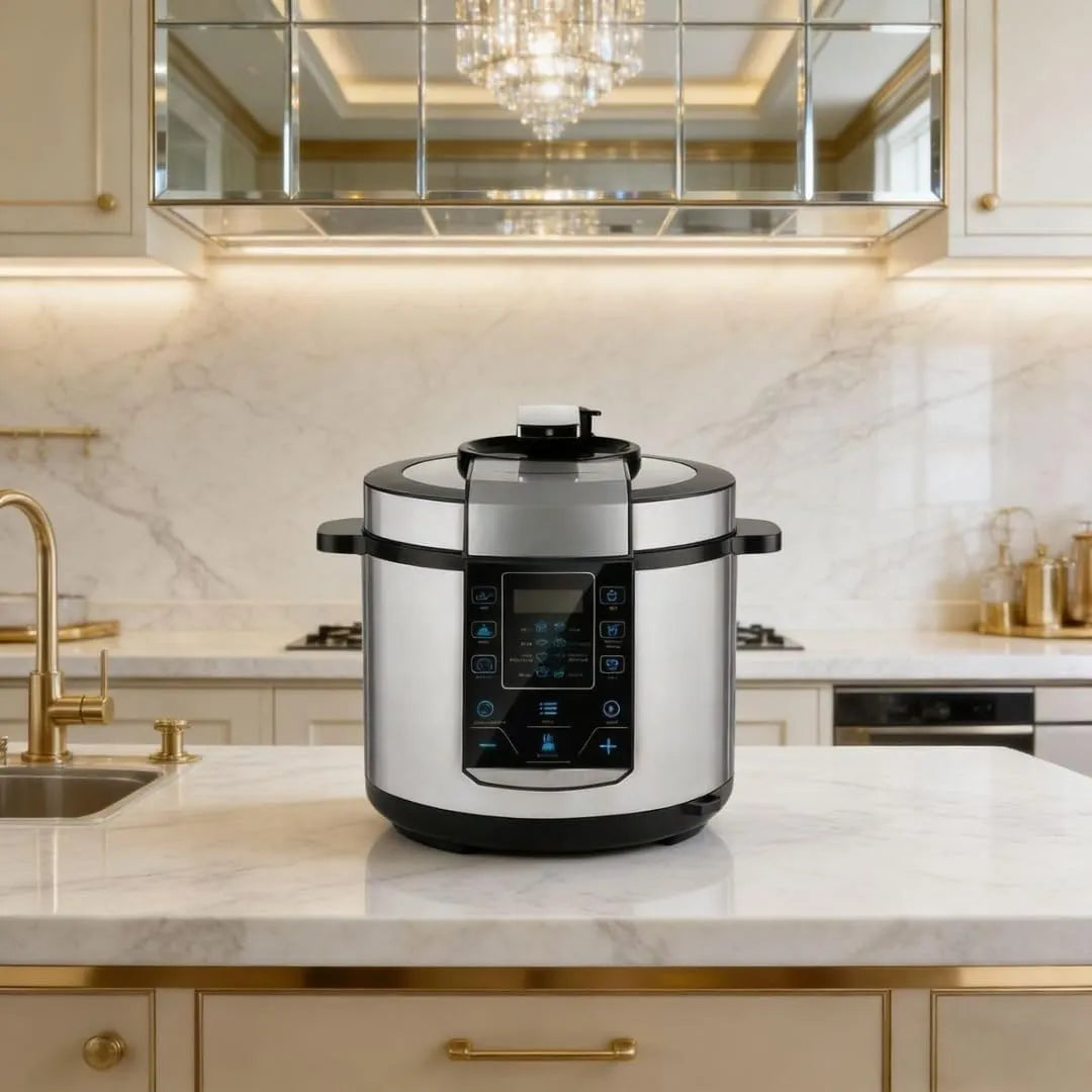 Modern Luxury Electric Pressure Cooker - Multifunctional Stainless Steel Multi-Cooker with Touch Control Digital Display - High-End 24-Hour Programmable Timer and Safety Protection System