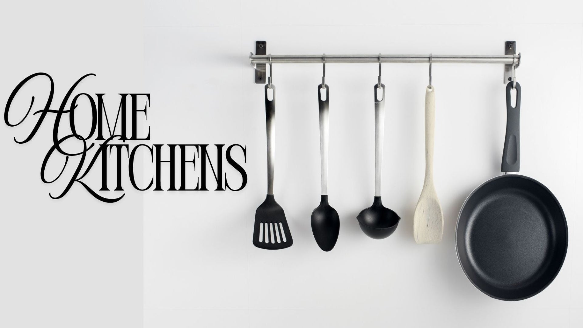 Set of kitchen utensils including a spatula, spoon, ladle, and wooden spoon hanging on a rack with the text 'Home Kitchens'.