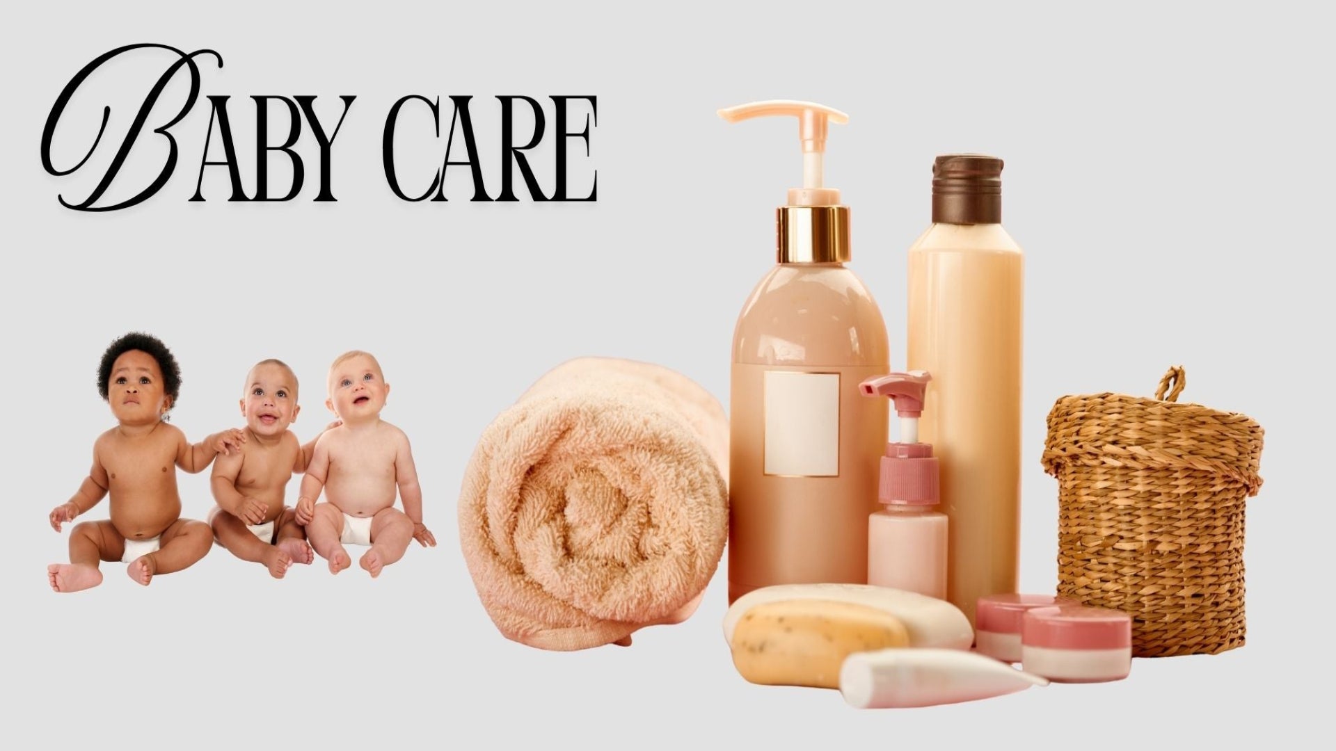Baby care products including bottles, soap, and a towel on a light gray background.
