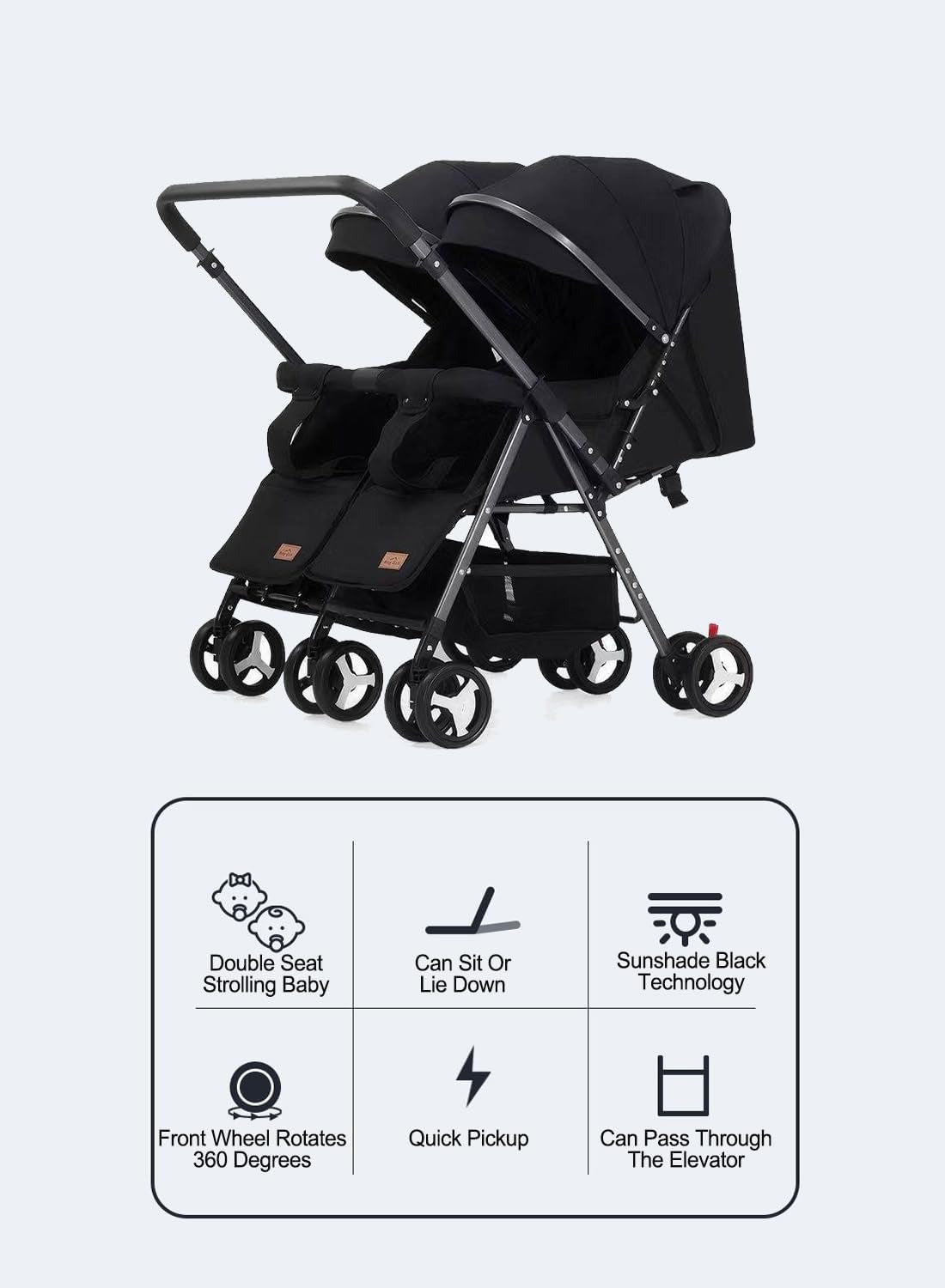 Twin Side-by-Side Double Light Stroller – Easy Fold Travel Stroller with Storage Basket