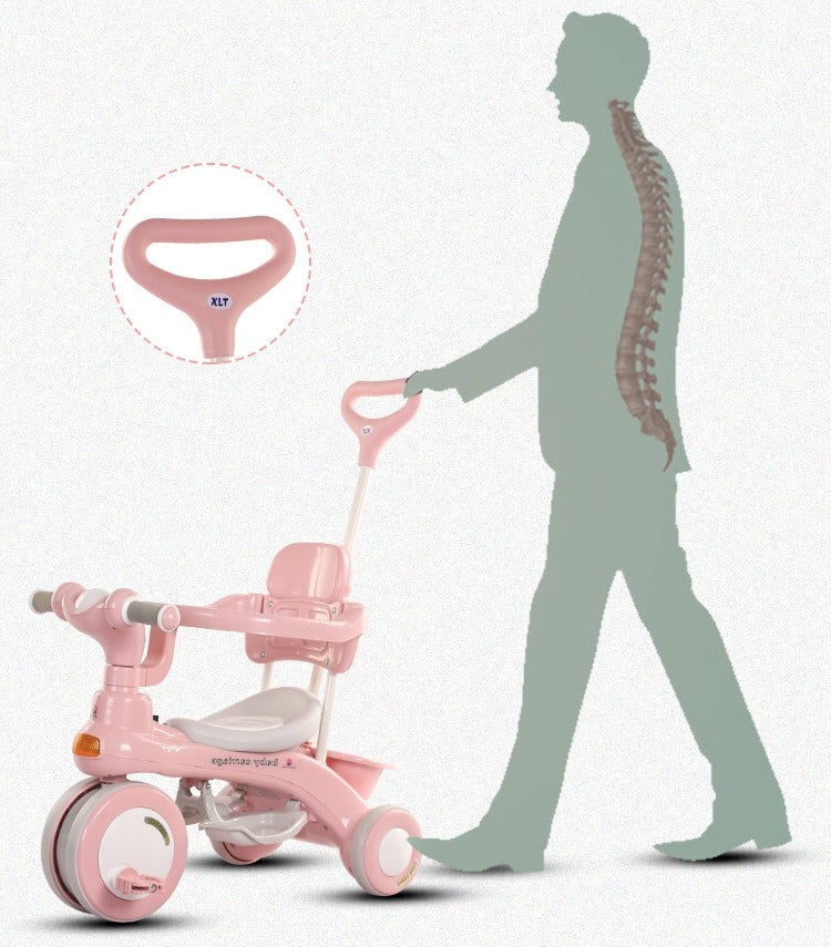 Pink tricycle with handle and silhouette of a person showing spine alignment.