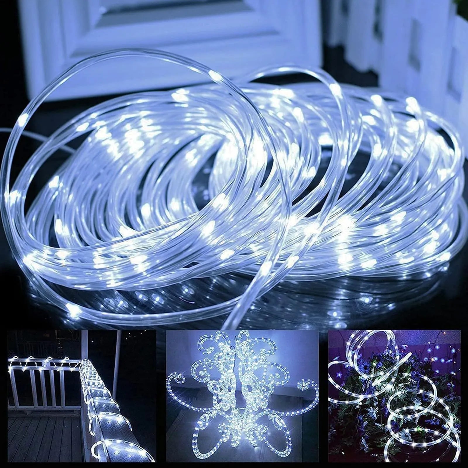 Coiled LED string light with decorative uses shown in insets