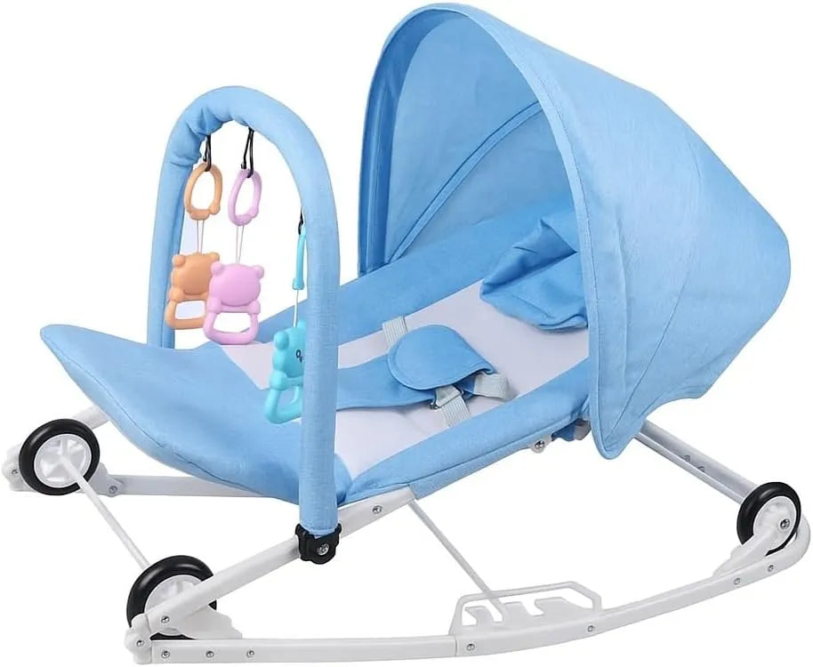 Adjustable Baby Rocker with Removable Toy Bar, Reclining Seat, Grey/Beige, Steel Frame, 80x60x90cm, Canopy Cover, Multi-Position, Infant to Toddler (Blue)