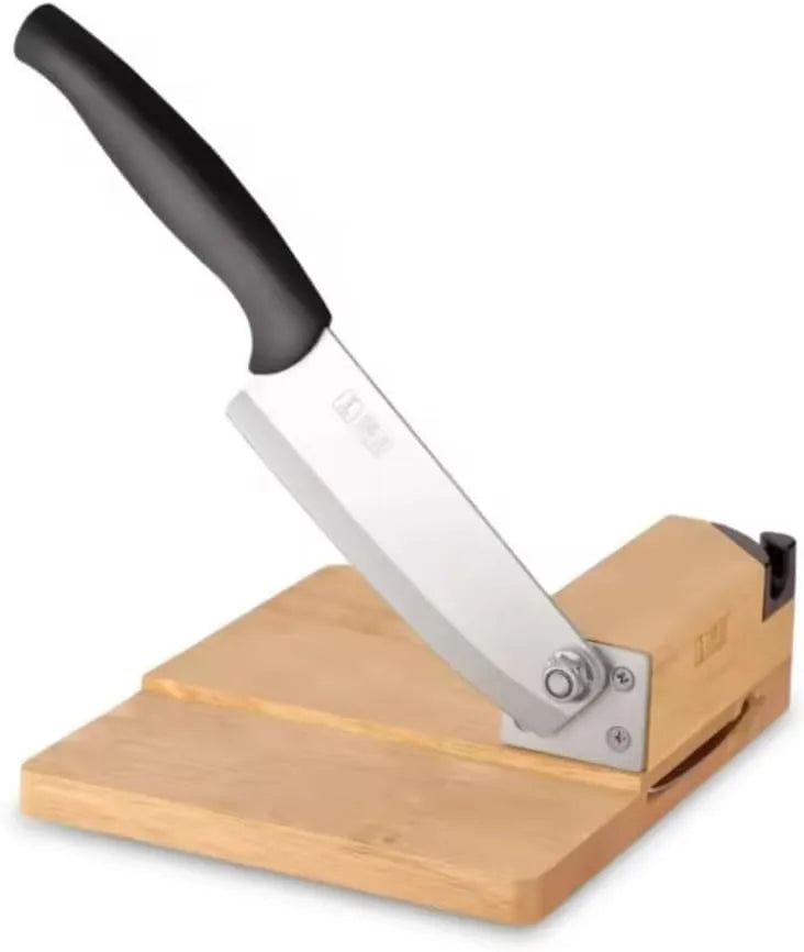 KD0057 Manual Food Slicer, Wooden Base with Stainless Steel Blade, Ergonomic Black Handle, 30x10x8 cm, for Corn, Sausage, Vegetables