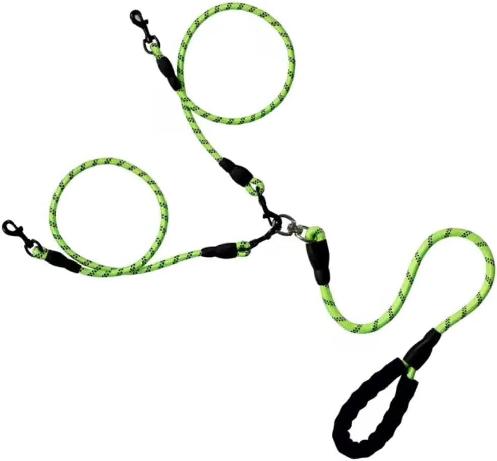Heavy-Duty Dual Dog Leash, Braided Nylon Rope with Padded Handle, Green and Black, 150cm Total Length, Tangle-Free Design for Two Dogs
