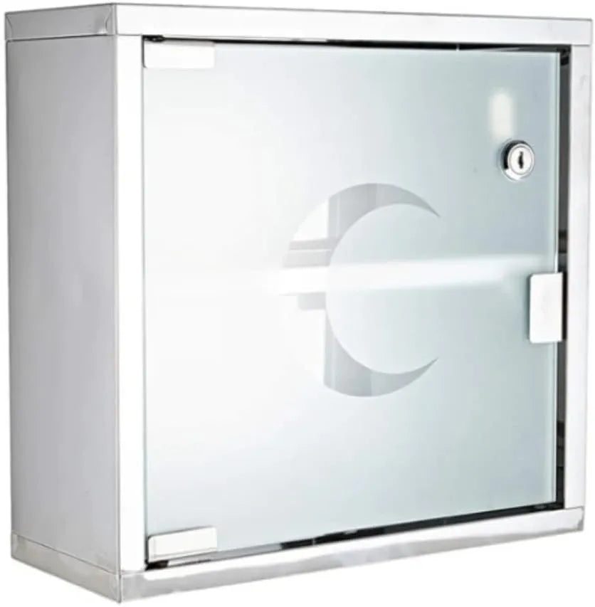 MedVault Wall-Mounted Medical Cabinet, Frosted Glass with Crescent Design, Lockable Metal Frame, 45-55cm x 35-45cm