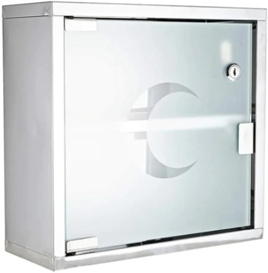 MedVault Wall-Mounted Medical Cabinet, Frosted Glass with Crescent Design, Lockable Metal Frame, 45-55cm x 35-45cm