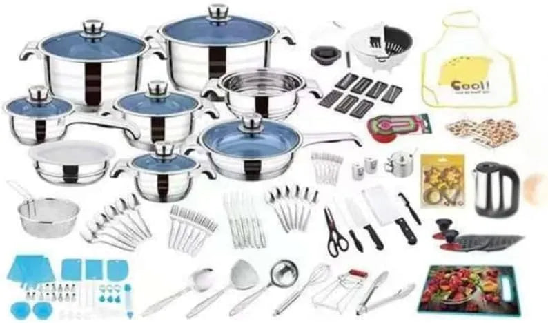 FUNITE CulinaryElite 140 Series Stainless Steel Cookware Set, 140 Pieces, Induction Compatible, Blue Glass Lids