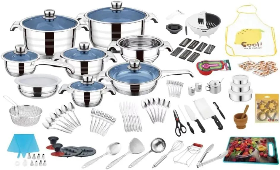 FUNITE 120 Piece Stainless Steel Cookware Set with Blue Glass Lids, Induction Compatible, Complete Kitchen Utensils and Bakeware