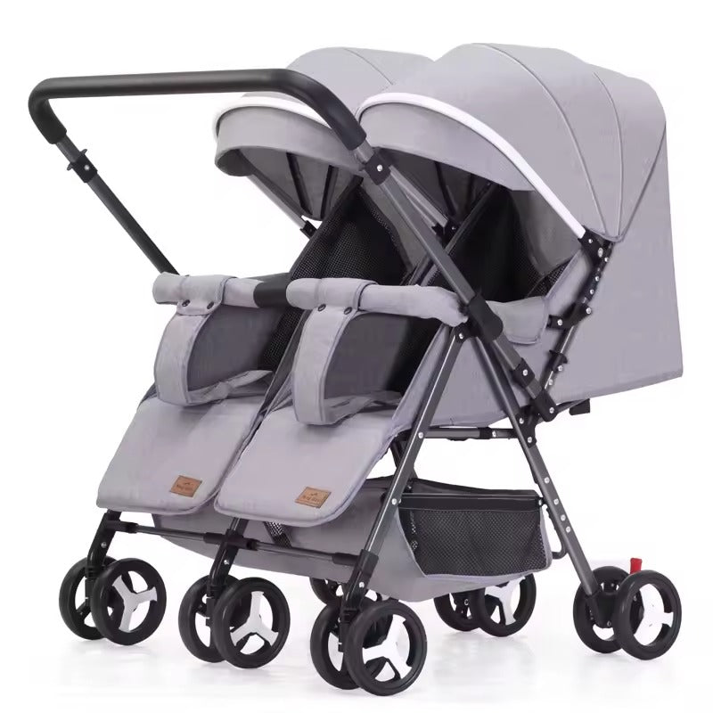Grey 2-in-1 Folding Double Stroller with Rain Cover – Lightweight & Compact Design