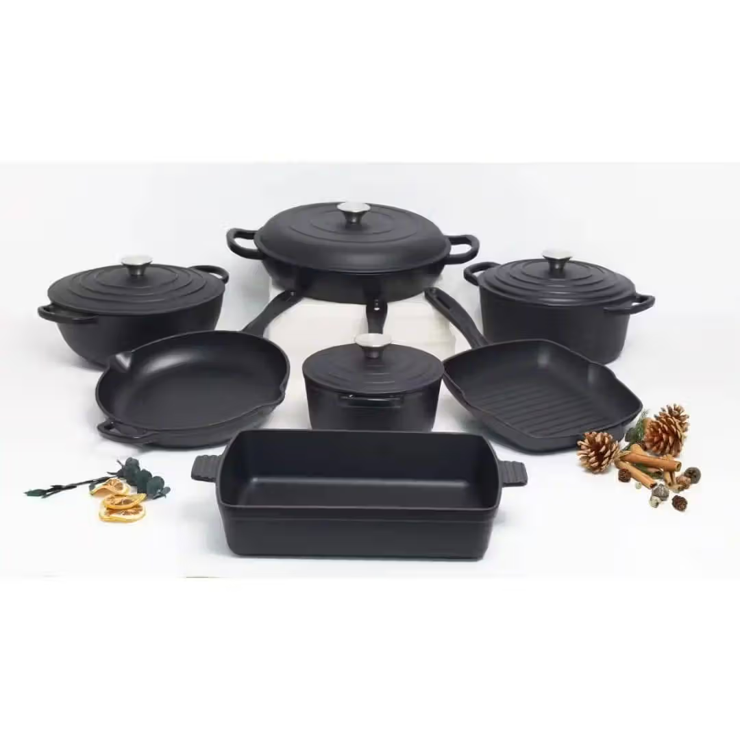 Chefs Choice 11-Piece Enamel Cast Iron Casserole Cookware Set - Black