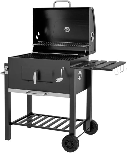 ForgePro Outdoor Charcoal Grill, Black Steel Construction, Hinged Lid with Temperature Gauge, Foldable Side Shelf, Storage Rack, Warming Rack, Wheeled Base, 90cm x 100cm x 50cm