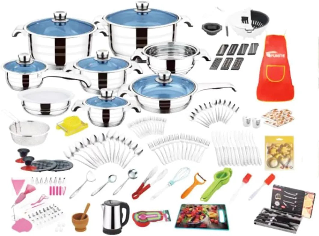 FUNITE 220 Piece Stainless Steel Cookware Set, Induction Compatible, Complete Kitchen Kit with Pots, Pans, Utensils, Cutlery and Bakeware