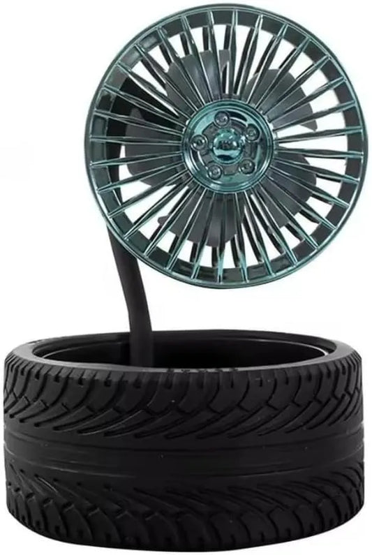 RimCooler Automotive-Themed USB Desk Fan, Black and Silver, Flexible Neck, Tyre Base Design with Rim-Style Blades, 15-18cm Diameter