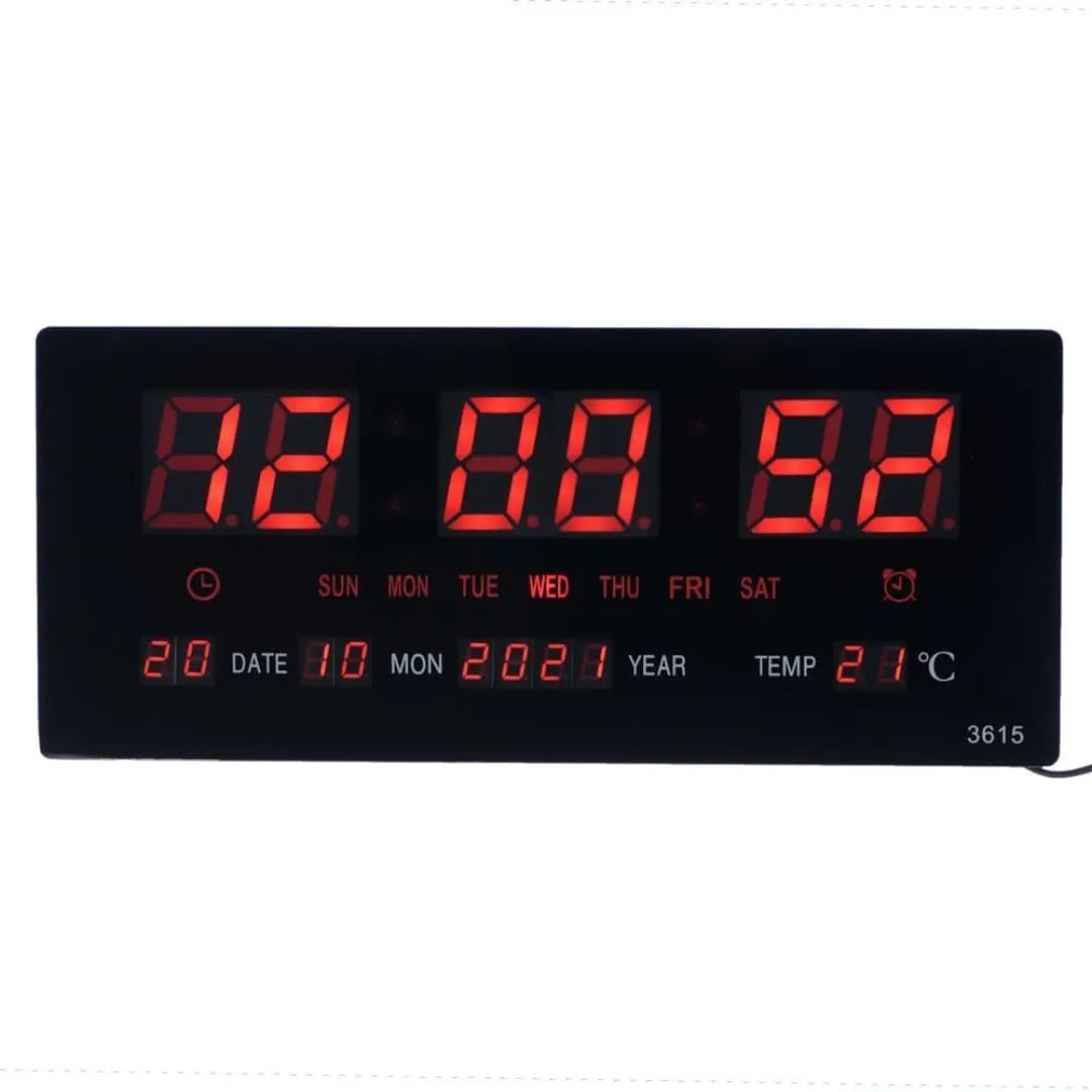 Digital Wall Clock 3615, Black with Red LED Display, Temperature and Calendar Display, AC-Powered, 35x20x4 cm, Professional Office and Home Use - 3615