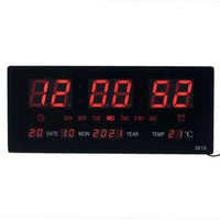 Digital Wall Clock 3615, Black with Red LED Display, Temperature and Calendar Display, AC-Powered, 35x20x4 cm, Professional Office and Home Use - 3615