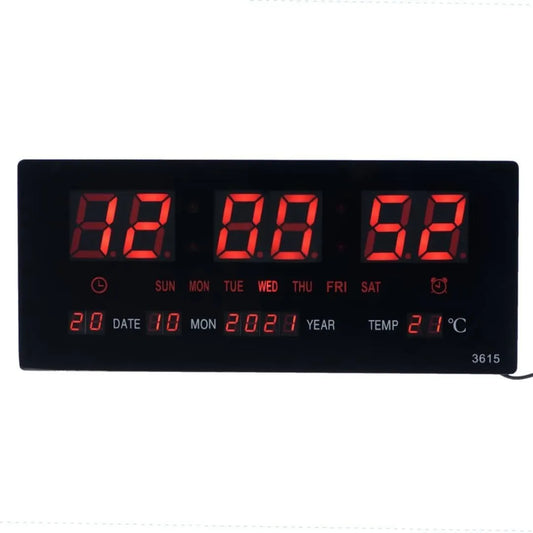 Digital Wall Clock 3615, Black with Red LED Display, Temperature and Calendar Display, AC-Powered, 35x20x4 cm, Professional Office and Home Use - 3615