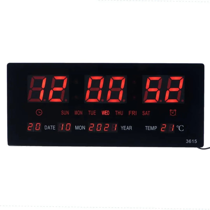 Digital Wall Clock 3615, Black with Red LED Display, Temperature and Calendar Display, AC-Powered, 35x20x4 cm, Professional Office and Home Use - 3615
