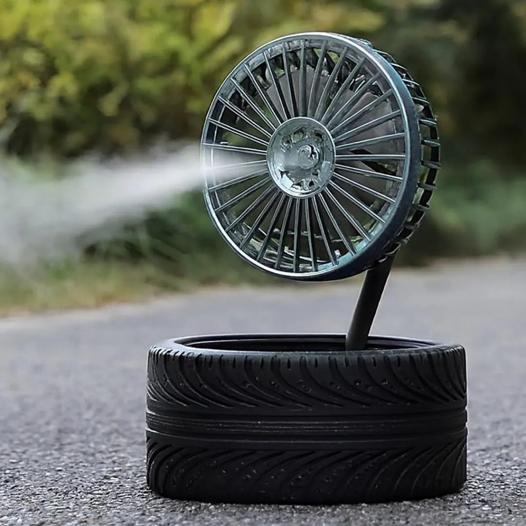 RimCooler Automotive-Themed USB Desk Fan, Black and Silver, Flexible Neck, Tyre Base Design with Rim-Style Blades, 15-18cm Diameter