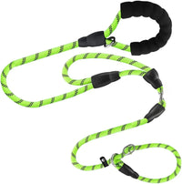 Heavy-Duty Dual Dog Leash, Braided Nylon Rope with Padded Handle, Green and Black, 150cm Total Length, Tangle-Free Design for Two Dogs