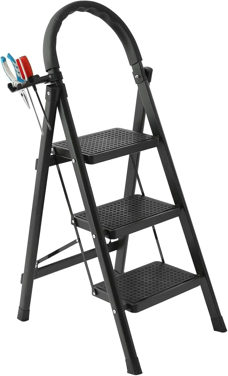 3-Step Folding Ladder, Black Carbon Steel, 41-inch Height, 330 lb Capacity, Anti-Slip Steps, Tool Rack, No Assembly Required