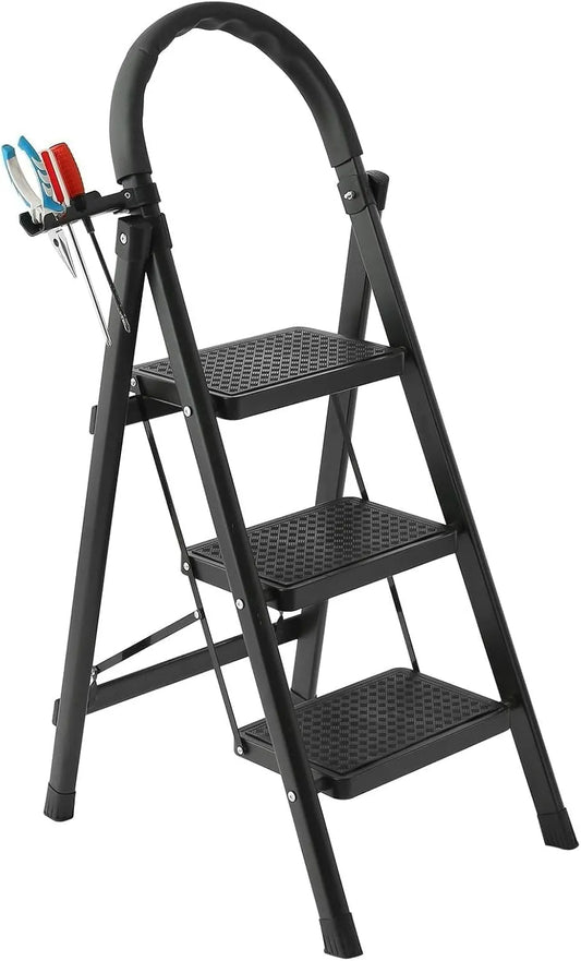 3-Step Folding Ladder, Black Carbon Steel, 41-inch Height, 330 lb Capacity, Anti-Slip Steps, Tool Rack, No Assembly Required