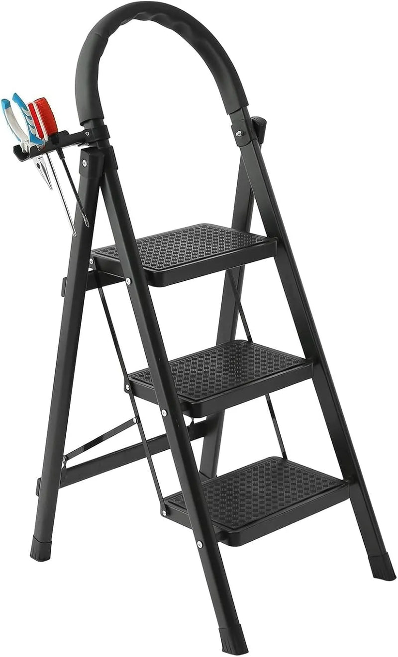 3-Step Folding Ladder, Black Carbon Steel, 41-inch Height, 330 lb Capacity, Anti-Slip Steps, Tool Rack, No Assembly Required