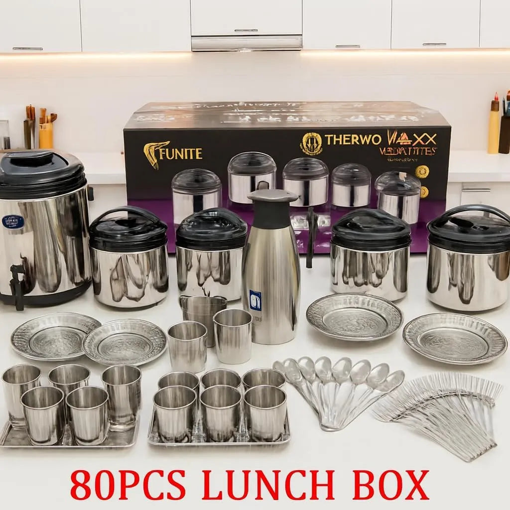 ThermoMaxx 80 Piece Stainless Steel Insulated Lunch Box and Serving Set with Beverage Dispenser, Plates and Cutlery