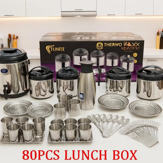 ThermoMaxx 80 Piece Stainless Steel Insulated Lunch Box and Serving Set with Beverage Dispenser, Plates and Cutlery