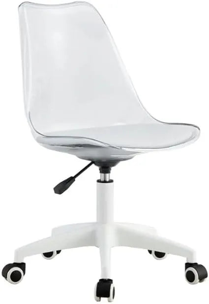 Clear Comfort Modern Office Chair, Transparent Acrylic Backrest, White Cushioned Seat, Height Adjustable with 5-Wheel Base, for Home Office and Studio