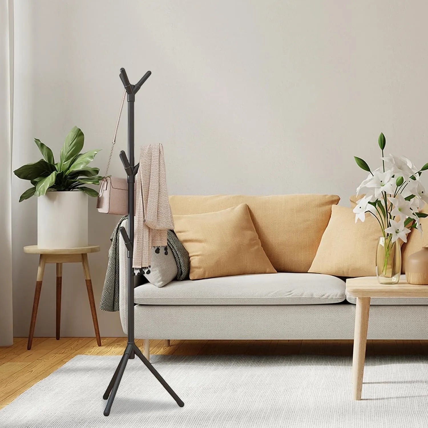 Coat Rack - 170cm Free Standing Hall Tree - Multi-Hook Standing Hat Hanger for Entryway, Bedroom, and Office - Stable Tripod Base Design - Matte Black