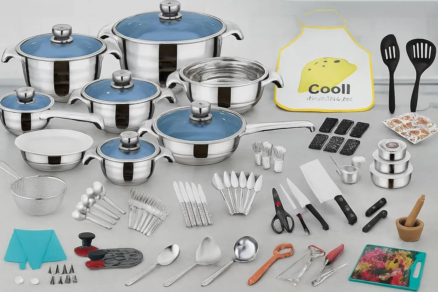 FUNITE 120 Piece Stainless Steel Cookware Set with Blue Glass Lids, Induction Compatible, Complete Kitchen Utensils and Bakeware