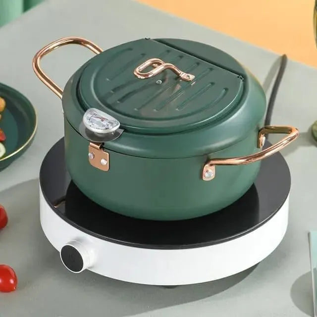 Deep Fryer Pot – 16cm, 20cm, 24cm | Built-In Thermometer, Grill Lid, Metal Handles | CrispControl ThermoFry Series