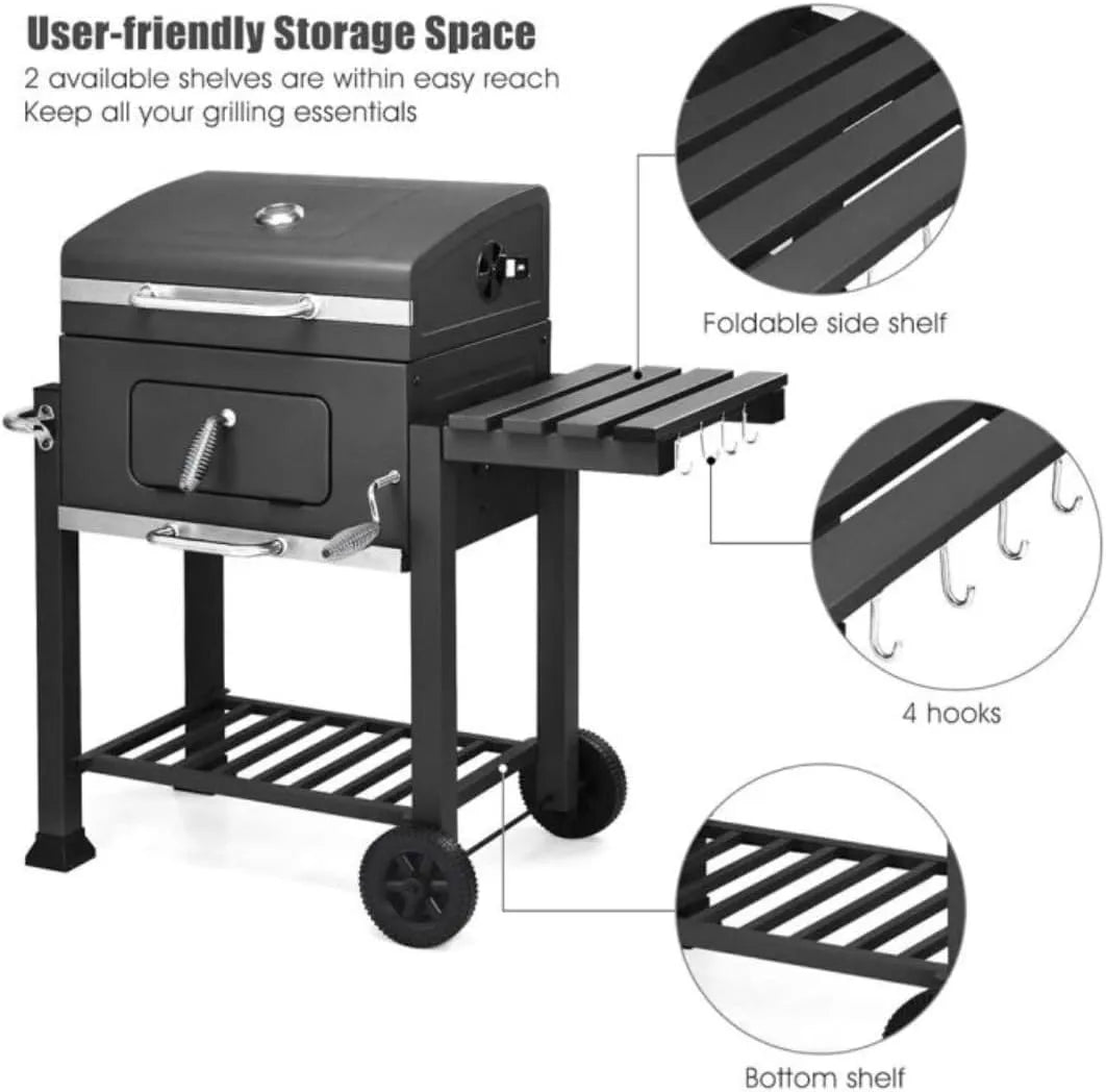 ForgePro Outdoor Charcoal Grill, Black Steel Construction, Hinged Lid with Temperature Gauge, Foldable Side Shelf, Storage Rack, Warming Rack, Wheeled Base, 90cm x 100cm x 50cm