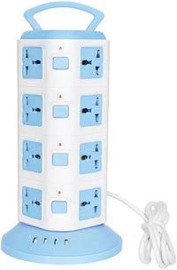 Multi-Function Vertical Power Tower, 8-12 AC Outlets, 3 USB Ports, Surge Protection, White/Blue