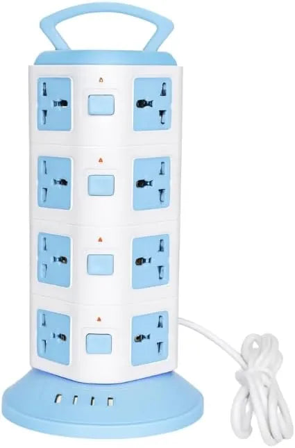 Multi-Function Vertical Power Tower, 8-12 AC Outlets, 3 USB Ports, Surge Protection, White/Blue