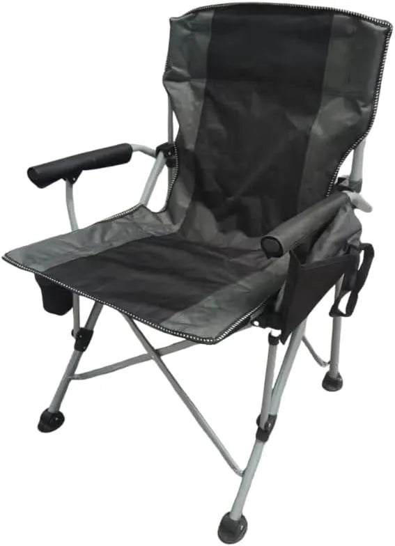 Portable Camping Chair, Black and Grey, Padded Oxford Polyester, Steel Frame, Foldable with Cup Holder, Side Pocket, Carry Strap for Outdoor Events, 95cm Height