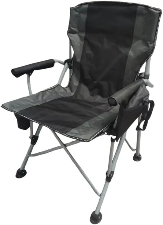 Portable Camping Chair, Black and Grey, Padded Oxford Polyester, Steel Frame, Foldable with Cup Holder, Side Pocket, Carry Strap for Outdoor Events, 95cm Height
