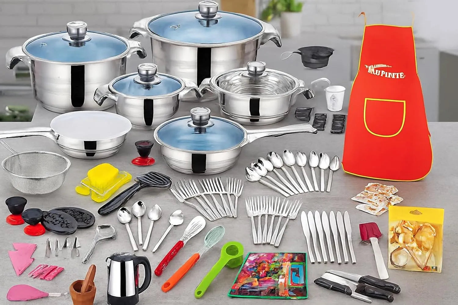 FUNITE 220 Piece Stainless Steel Cookware Set, Induction Compatible, Complete Kitchen Kit with Pots, Pans, Utensils, Cutlery and Bakeware
