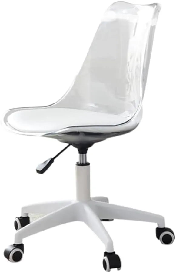 Clear Comfort Modern Office Chair, Transparent Acrylic Backrest, White Cushioned Seat, Height Adjustable with 5-Wheel Base, for Home Office and Studio