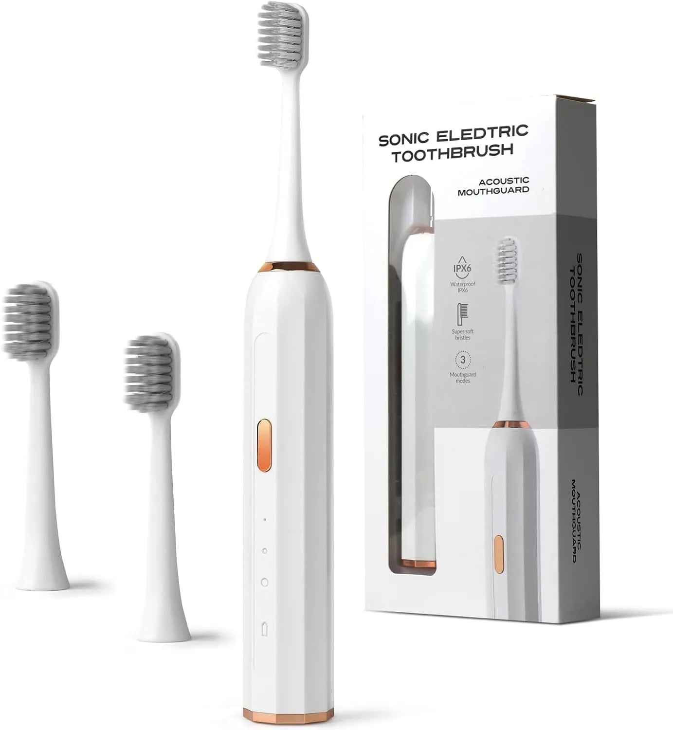 Sonic Electric Toothbrush with USB Charger, White, Rose Gold Accents, 3 Intelligent Modes, 45-60 Days Battery Life, Waterproof, Smart Timer, 3 Brush Heads