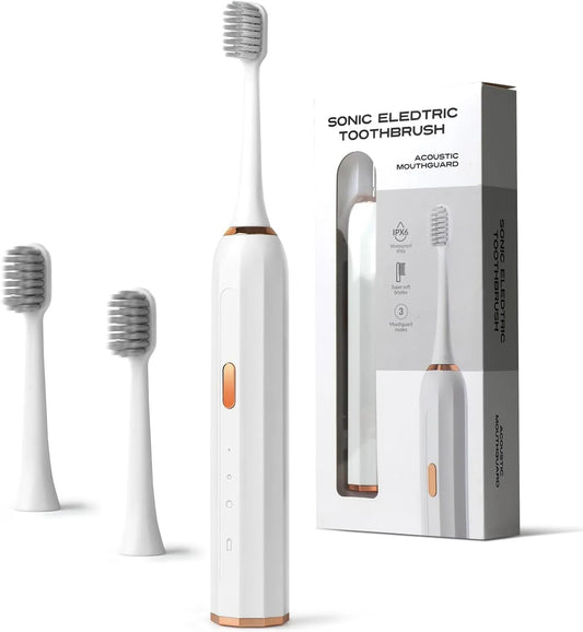 Sonic Electric Toothbrush with USB Charger, White, Rose Gold Accents, 3 Intelligent Modes, 45-60 Days Battery Life, Waterproof, Smart Timer, 3 Brush Heads