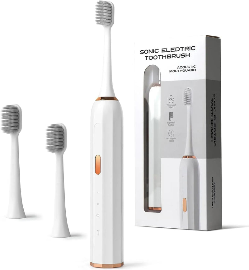 Sonic Electric Toothbrush with USB Charger, White, Rose Gold Accents, 3 Intelligent Modes, 45-60 Days Battery Life, Waterproof, Smart Timer, 3 Brush Heads