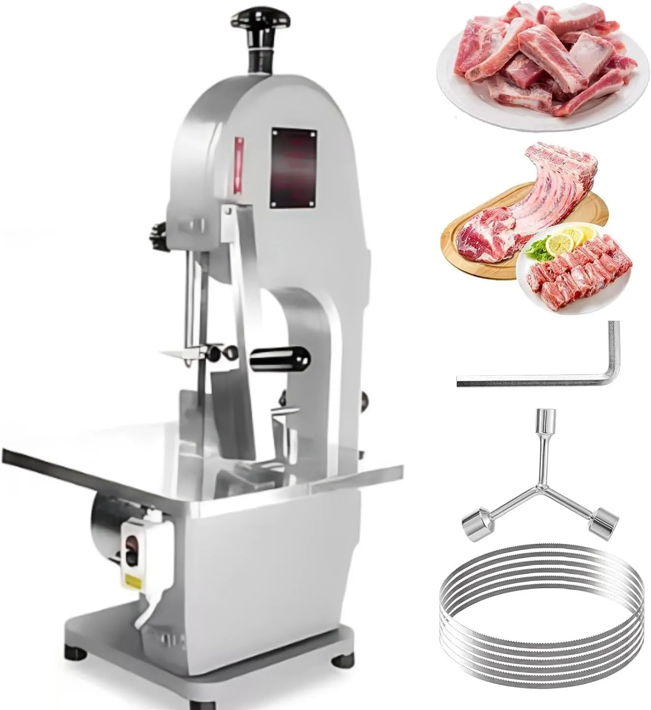Professional Electric Meat Bone Saw, Silver, 850W Power, 15m/s Blade Speed, 6 Blades, Precise Thickness Gauge, Alloy Construction